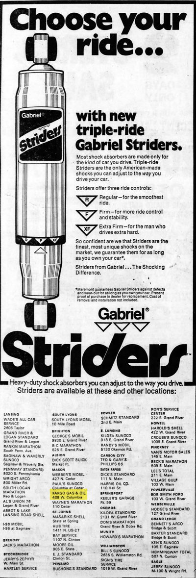 Fargo Gas - Aug 15 1974 Ad For Shocks (newer photo)